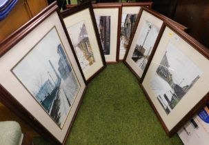 Pictures and prints, six framed and glazed street scenes.