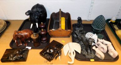 Treen, including elephant figures, other items include metalware, statutes of animals, dogs, etc. (