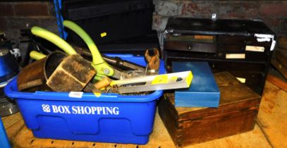 Various tools and gardening equipment, to include garden shears, spirit levels, mahogany tool chest,