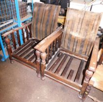 Two oak framed 19thC easy chairs, with partially upholstered and striped backs. (AF)