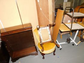 A folding table, small tea trolley, stool, nursing chair and a mahogany veneered open bookcase. This