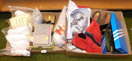 Textiles, to include shoes, knitting items, needles, etc. (2 boxes)