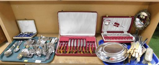 Metalware, assorted flatware to include knives, forks, spoons, part canteens, serving tray with dish