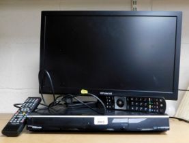 A Polaroid flat screen television model no. 3-22-LED-14, and a Toshiba DVD player, with remotes.