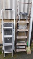 A group of step ladders, comprising two aluminium step ladders, metal and wooden rung step ladder, e