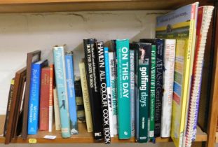 Books, cookbooks, golfing days, senior golfer, The History of The World In 365, etc. (1 shelf)