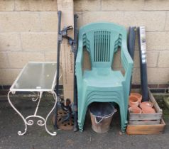 Garden furniture, comprising glass topped and white metal table, roof bars, parasol base, garden cha