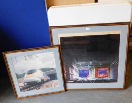 Two framed prints of The Channel Tunnel and a pasting table. (3)