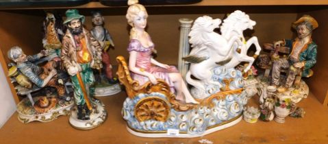 A large collection of Capodimonte figures, items include old man seated on bench, Boudica, poacher,