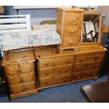 Various pine bedroom furniture, comprising six drawer chest, three drawer bedside, three drawer thin
