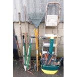 A group of garden tools, comprising step ladder, rake, fork, spade, sifter, etc. (a quantity)