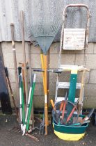 A group of garden tools, comprising step ladder, rake, fork, spade, sifter, etc. (a quantity)