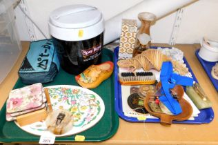 Miscellaneous items, including seashells, wood work, lighter, etc. (2 trays)