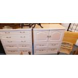 Cream finish bedroom furniture, comprising five drawer chest, dresser, beech effect kitchen table an