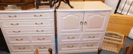 Cream finish bedroom furniture, comprising five drawer chest, dresser, beech effect kitchen table an