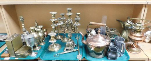 Metalware, to include a brass kettle, copper kettle, oil lamp, large coffee pot, candlesticks, and m