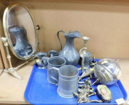 Metalware, to include tankards, table mirror, barometer in sphere, and ornamental wares. (1 tray)