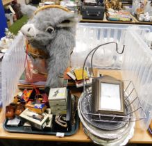 Miscellaneous items to include a large soft toy donkey, toy cars, wooden wares, picture frames, tray