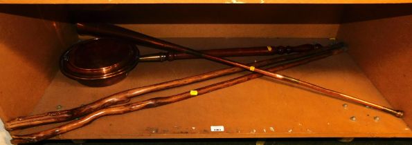 Metalware, copper warming pan, hunting horn and two natural wood walking sticks. (1 shelf)