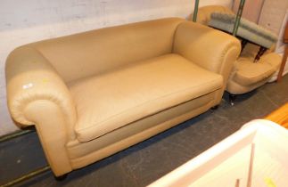 A gold finish roll arm two seater sofa, a button back chair, and a green painted stool. (3)