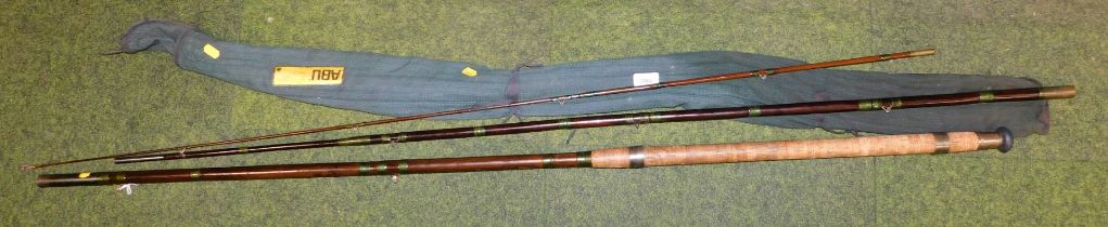 An Allcocks Gloria three piece bamboo float fishing rod, with canvas bag.