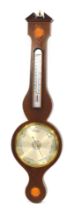 A Rapport oak cased and inlaid banjo barometer, with satinwood paterae inlay, circular silvered dial