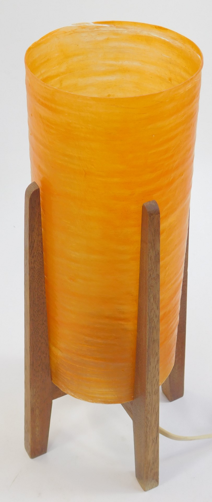 A mid century atomic table lamp, with circular orange plastic cylindrical shade, mounted in a teak s - Image 2 of 3