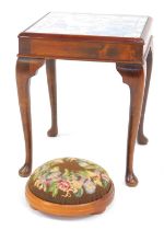A square occasional table, with Willow pattern needlework panel top, raised on slender cabriole legs