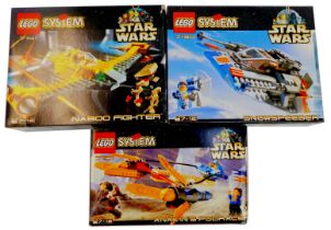 Three Star Wars Lego System sets, comprising Anakin's Pod Racer, 7131, Snow Speeder, 7130, and Naboo