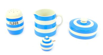 A group of T G Green blue and white Cornishware, comprising jug, 11cm high, flower sifter, 11cm high