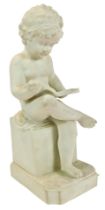A French bisque Parian type figure of a classical seated child, depicted on a stone plinth reading a