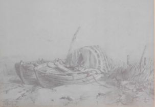 English School (early 20thC). A pair of moored fishing vessels, on a beach, charcoal, monogrammed AE