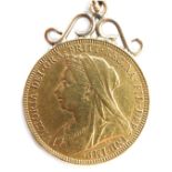 A Victorian gold sovereign 1894, with applied pendant mount and unmarked yellow metal curb necklace,