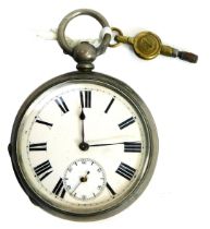 A late 19thC gentleman's pocket watch, open faced, key wind, circular enamel dial bearing Roman nume