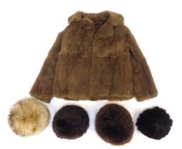 A brown fur jacket, underarm measurement approx 37cm, together with fur stoles, etc.