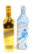 A bottle of Johnnie Walker Gold Label Reserve Blended Scotch Whisky, with a bottle of White Walker b