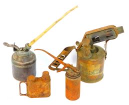 A Bladon vintage paraffin blow lamp, two Westco oil cans, and a Fluxite lamp. (4)