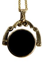 A 9ct gold swivel fob seal, with two black onyx and green agate, and fine link necklace, 7.4g all in