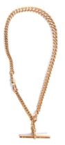 A 9ct rose gold flat curb Albert watch chain, with clip and T bar, all links stamped 375, 29.7g.