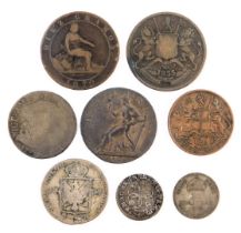 A Charles II Maundy four pence 1679, Cronebane half penny, East India Company half anna 1835, and on