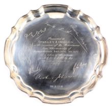 An Elizabeth II silver salver, with piecrust border, presentation engraved to 'Stanley E Dodson on t