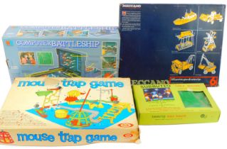 Various games, comprising Computer Battleships, Subbuteo, Mousetrap, and a Meccano 6 set.