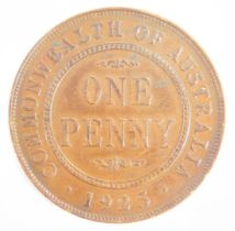 A George V Commonwealth of Australia 1925 copper one penny coin.