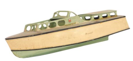 A mid century wooden model of a motor cruiser, 87cm wide.