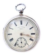 A Victorian silver pocket watch, by T&E Rhodes, Kendal, open faced, key wind, circular enamel dial,