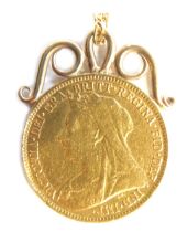 A Victorian gold half sovereign 1900, sand cast and applied pendant mount, on a fine 9ct gold neckla