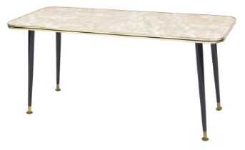 A 1950s formica topped coffee table, raised on turned ebonised legs, brass capped on pad feet, 42cm