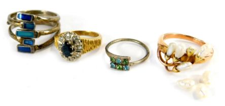 A 1970s 18ct gold sapphire and diamond cluster ring, 5.4g all in, a yellow metal ring with spray of