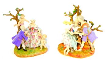 A late 19thC Meissen figure group, of a gallant and lady, the gallant in Roman attire, holding a bir