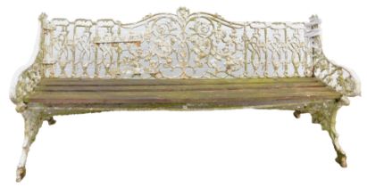 A 19thC Coalbrookdale style cast iron bench, the back and end supports decorated with floral and scr